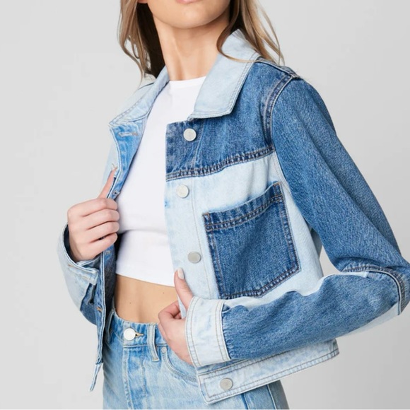 NWT Blank NYC Split Decision Cropped Patchwork Denim Jacket - Picture 3 of 4